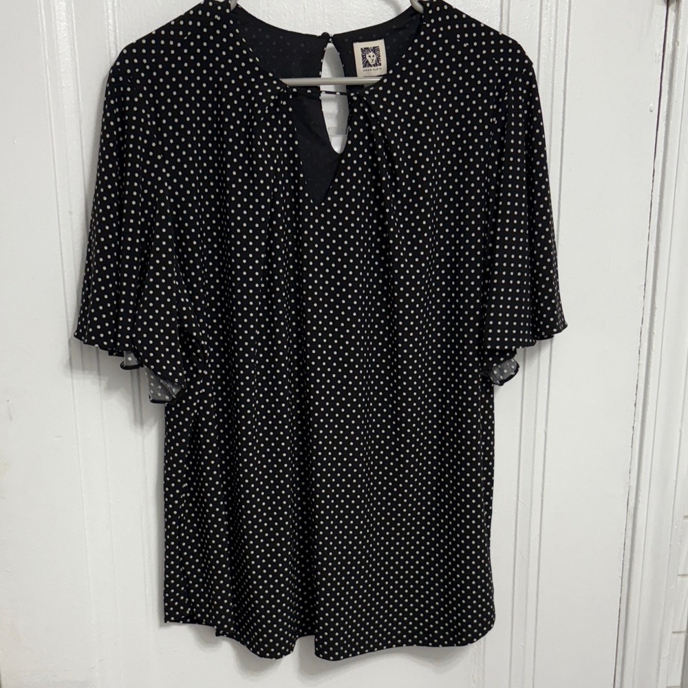 Anne Klein Black Blouse with White Dots